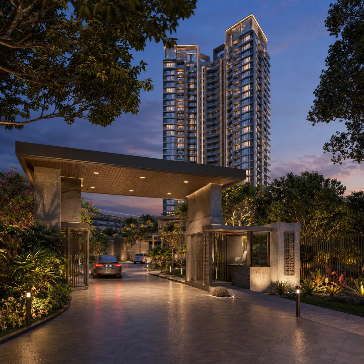 Landscaped arrival forecourt and drop-off at the Kalyani Kanakapura Road entrance, Kanakapura Road, Konanakunte