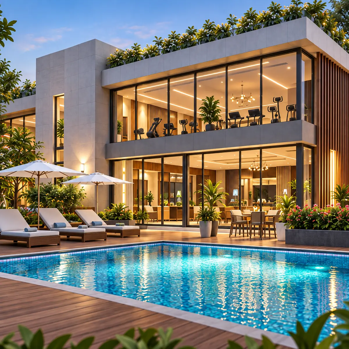 The clubhouse and pool deck at Kalyani Kanakapura Road - artist's impression The clubhouse and pool deck at Kalyani Kanakapura Road - artist's impression