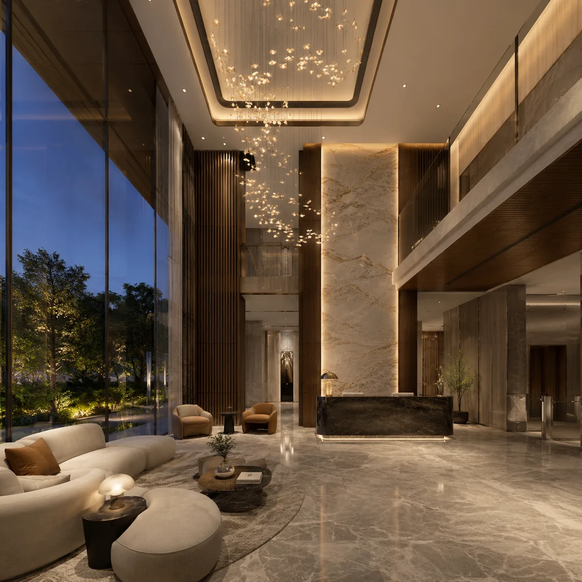 Double-height residents lobby with lounge seating at Kalyani Kanakapura Road, Konanakunte, South Bengaluru Double-height residents lobby with lounge seating at Kalyani Kanakapura Road, Konanakunte, South Bengaluru
