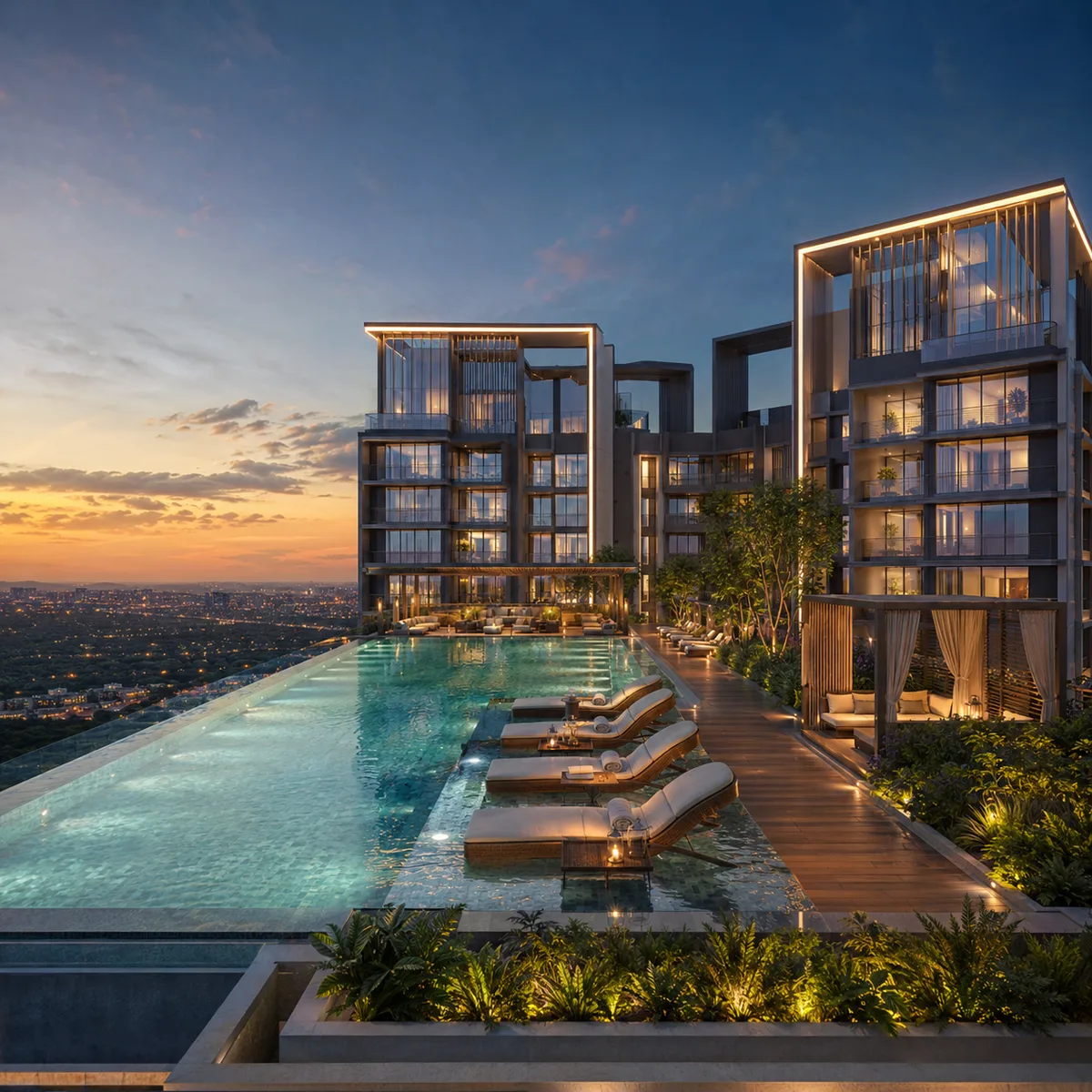 Rooftop infinity pool with South Bengaluru skyline views at Kalyani Kanakapura Road, Konanakunte