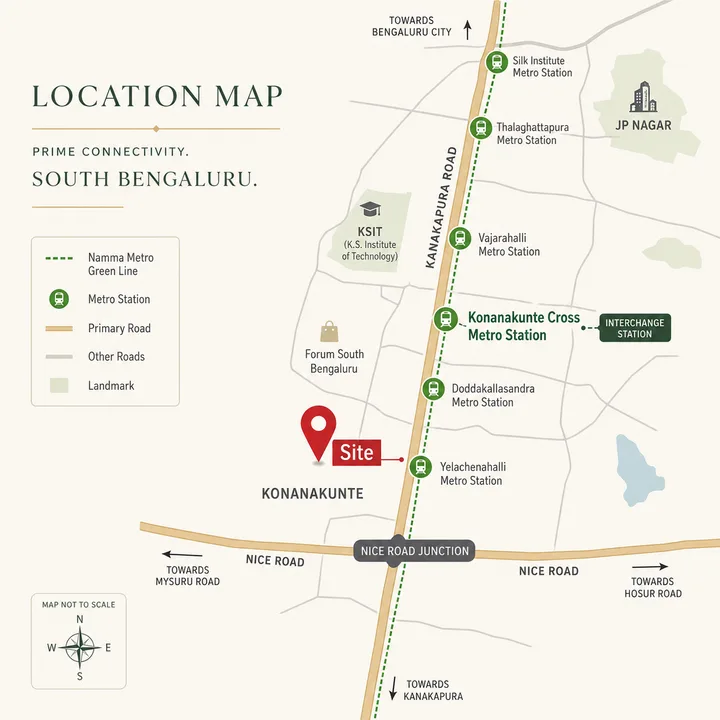 Kalyani Kanakapura Road location map showing the Green Line metro, NICE Road and Konanakunte connectivity